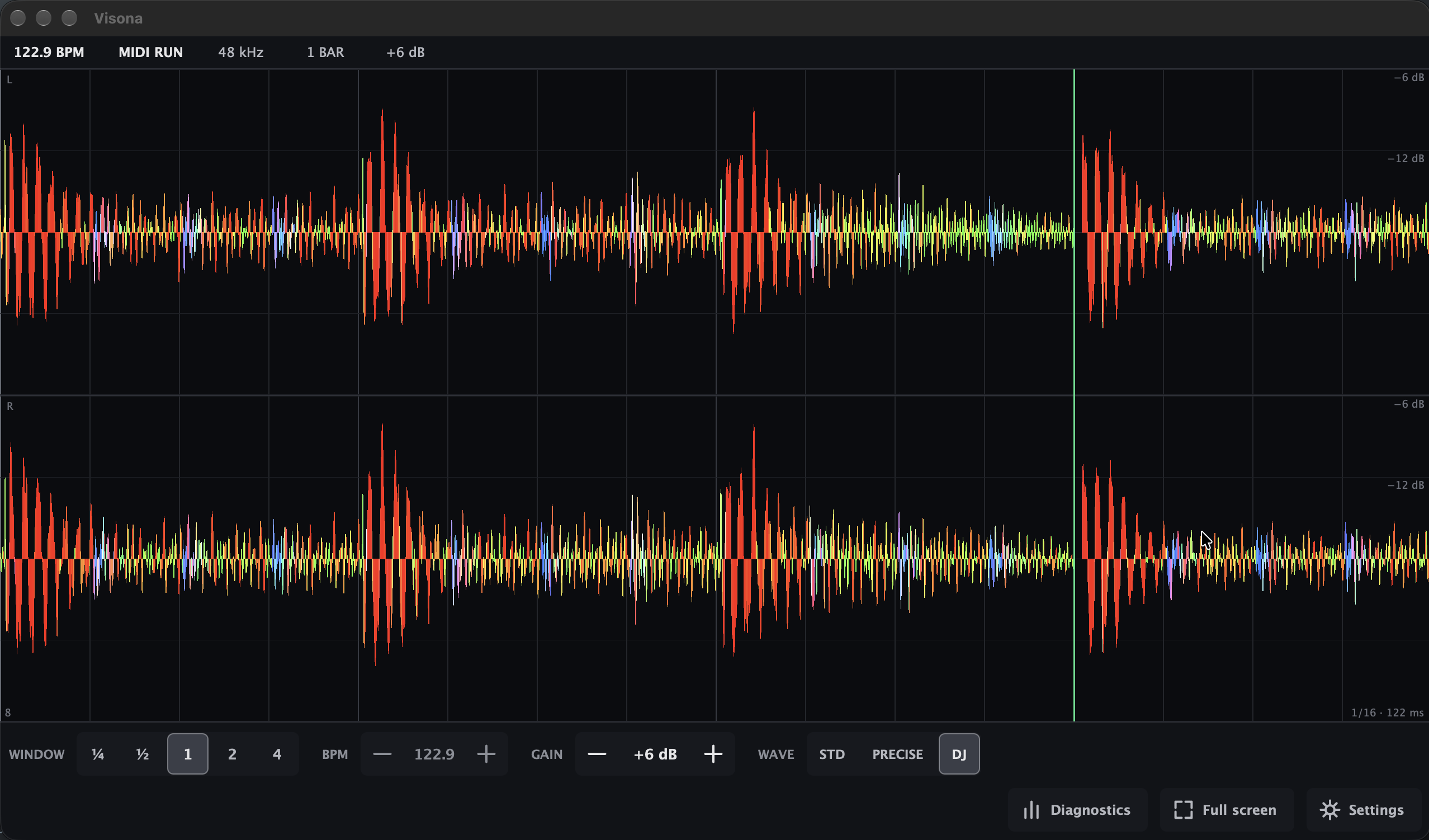 Visona showing a stereo sweep over one bar with the bar grid